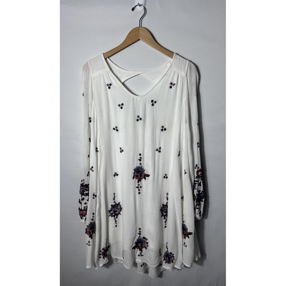 Free People Embroidered Dress Womens Small White Floral Boho Swing Lined Tunic
